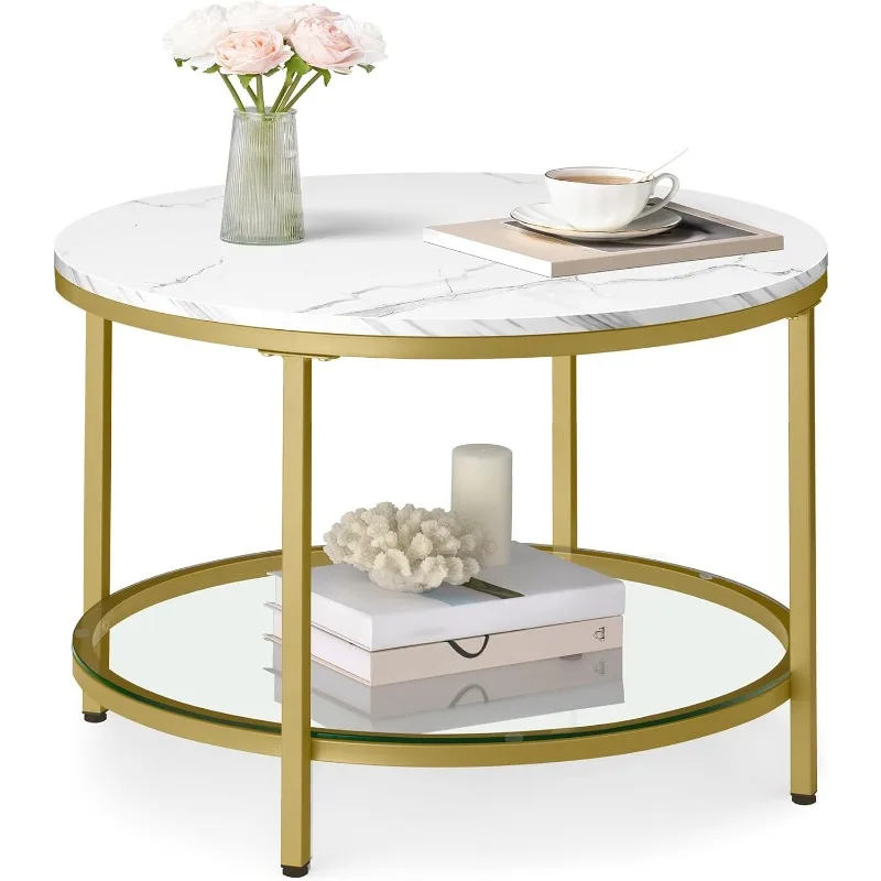 

Round Small Coffee Table with Faux Marble Top and Glass Storage Shelf, 2-Tier Circle Coffee Tables