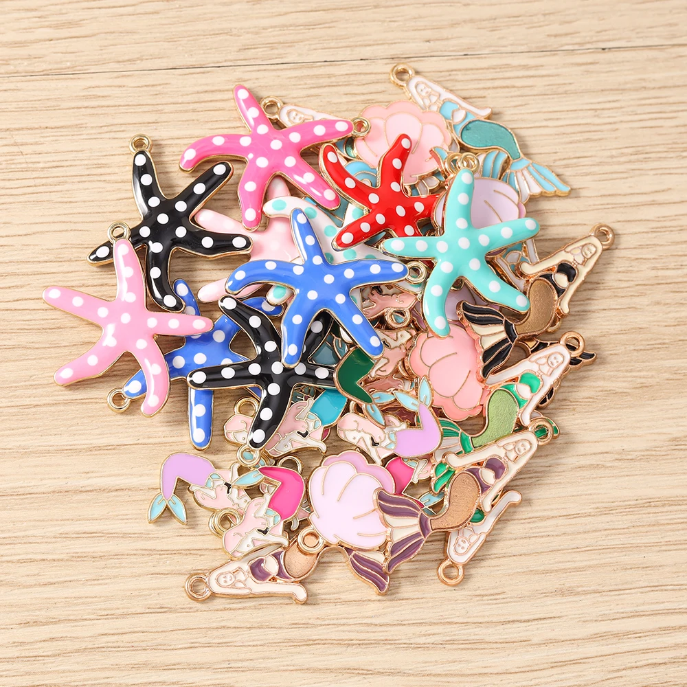 10 Stück niedliche, gemischte Emaille-Anhänger mit Motiven von Meereslebewesen, Seesternen, Muscheln und Meerjungfrauen für die Schmuckherstellung, Halsketten, Ohrringe, DIY-Bastelbedarf – Detail 4