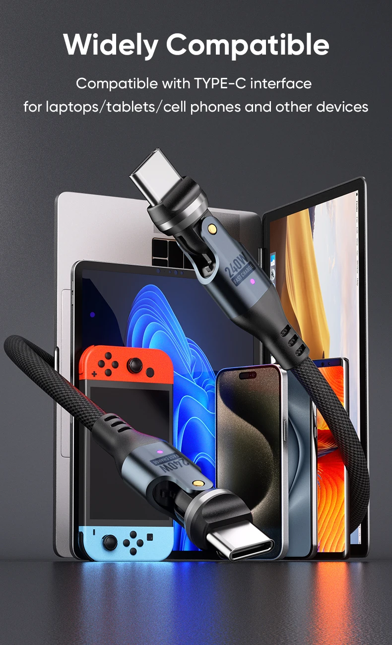 240W USB C to USB C Cable,Dual Head 540° Rotation 5A PD Fast Charging Cord,Nylon Braided Data Wire for iPhone 16,Samsung Galaxy