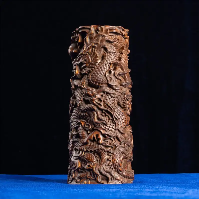 

Nine Dragon Pen Holder, Vintage Style Desk Organizer, Wooden Figure, Raw Wood, Home Decor