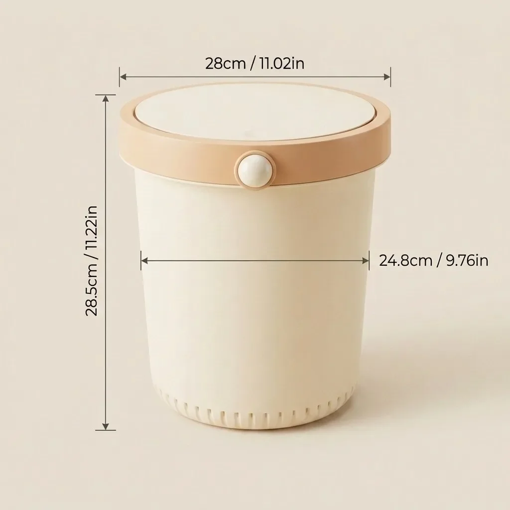 Beige plastic prullenbak met deksel, ronde vorm, met drukknop, waterdicht, geschikt voor badkamer, keuken, slaapkamer, huishoudelijk gebruik.