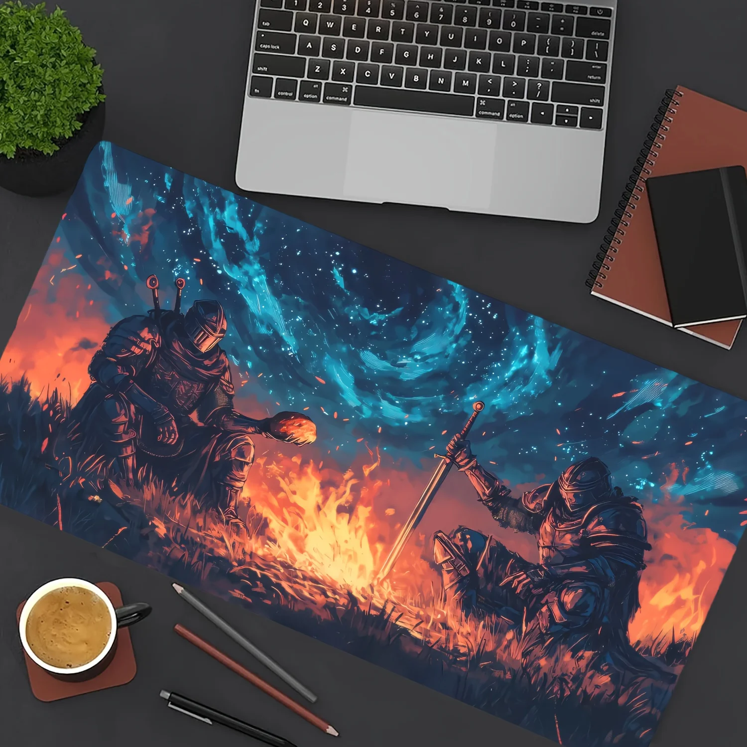 قطعة واحدة من Bonfire Knight مع لوحة ماوس كبيرة على السيف - حصيرة لوحة مفاتيح فائقة النعومة، قاعدة مطاطية غير قابلة للانزلاق، حواف مخيطة، سطح بوليستر