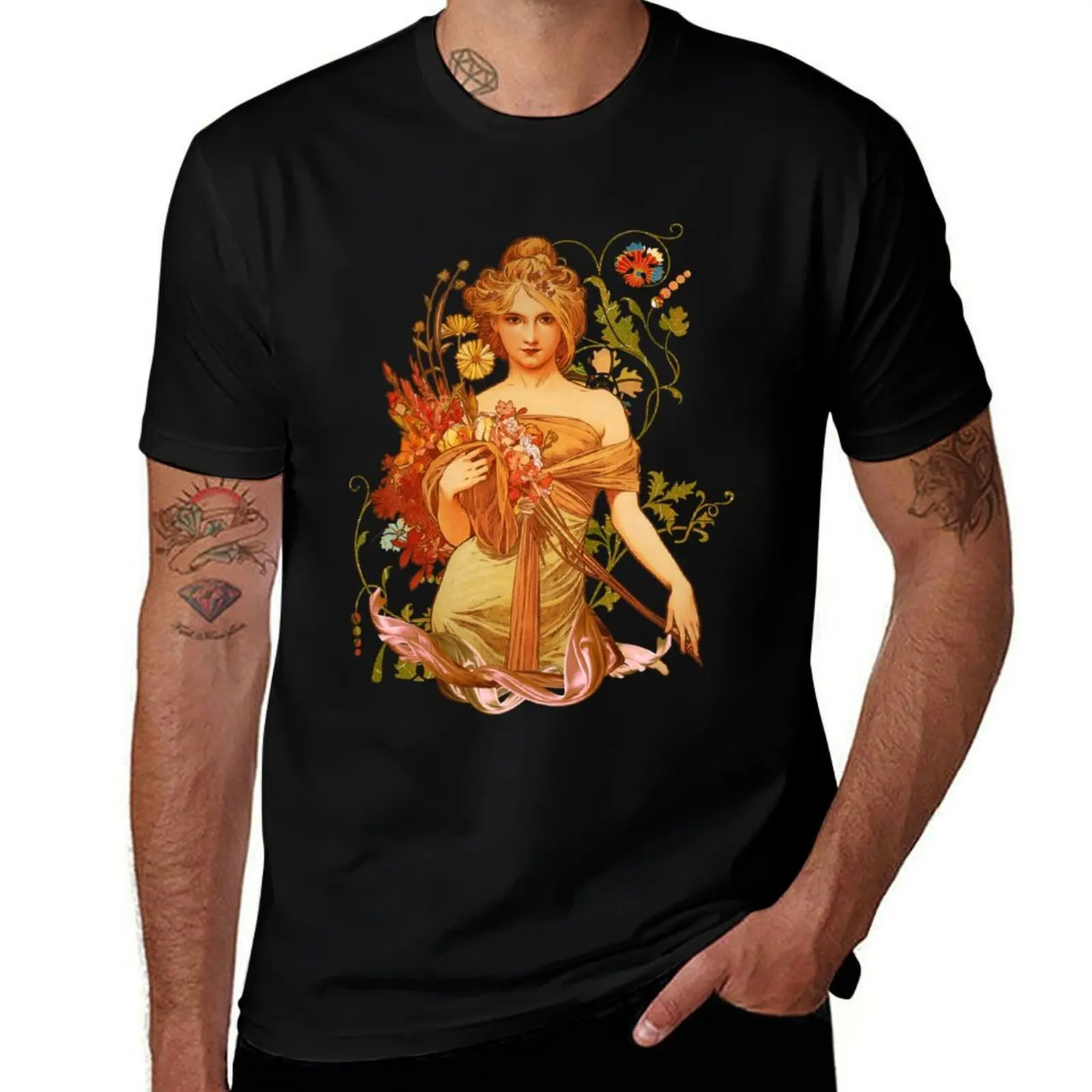 Mucha Floral Fitted . T-Shirt Casual Streetwear Short Sleeve Tee T-Shirt