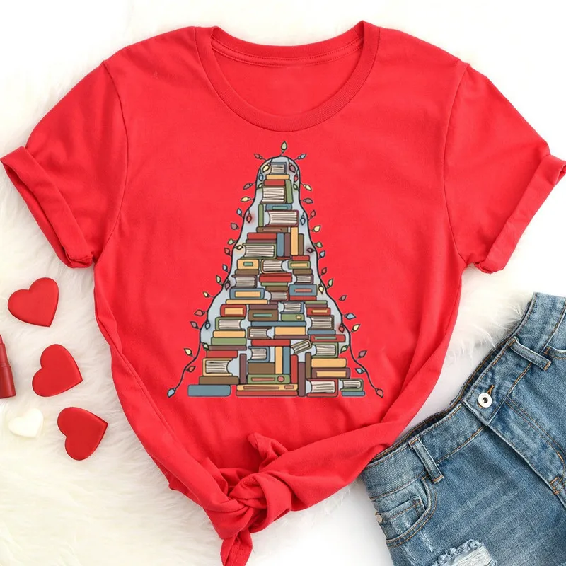 Christmas Book Tree Shirt Gift for Books Lovers Tree Teacher Short Sleeve Top Tees O Neck 100% Cotton Fashion goth Drop Shipping