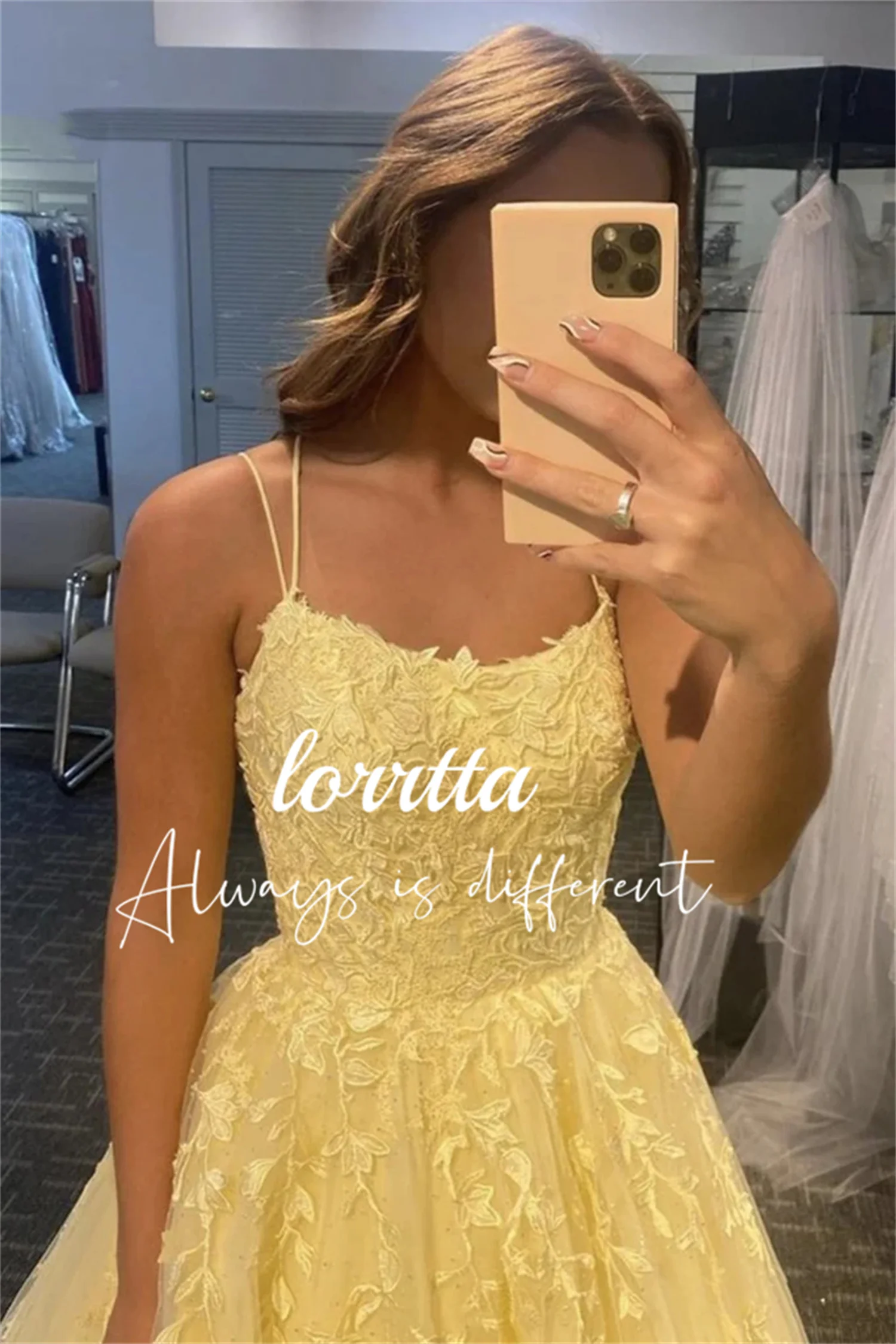 

Lorrtta Yellow Appliqué Prom Dress Spaghetti Strap Backless A Line Women's Prom Dress Long Formal Evening Gown Vestidos De Noche