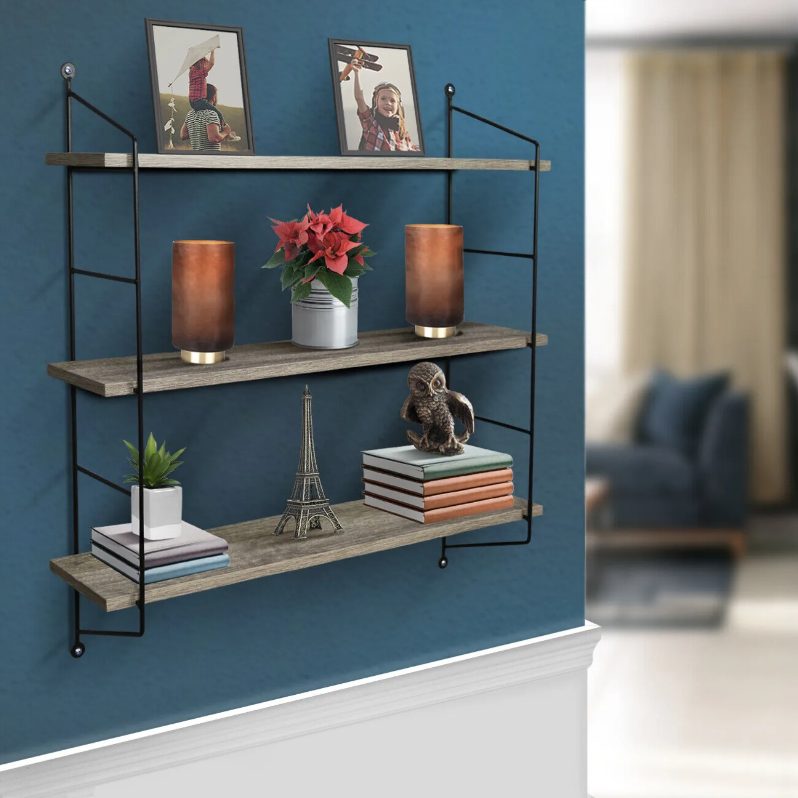 3-Tier Floating Shelf w/ Metal Bracket - Wall Mounted Rustic Wood Storage United States