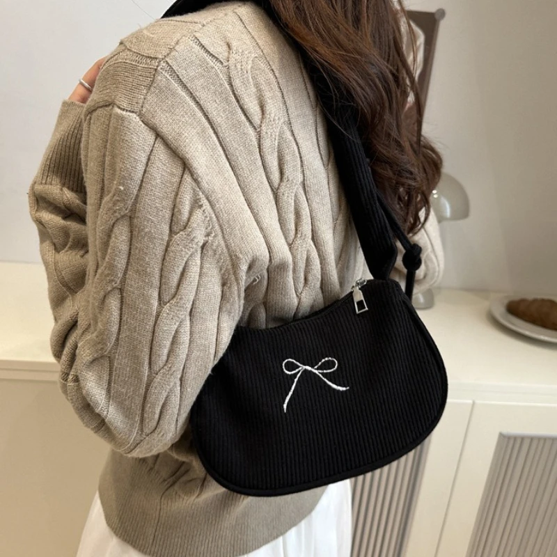 Corduroy Shoulder Bag with Bow, Ruched Drawstring Handbag, Vintage Y2K Purse for Women Daily Dating Travel Underarm Handbag view 4