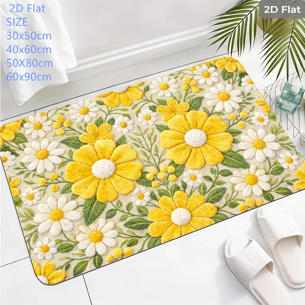 Yellow Daisy Floral Pattern Bath Mat Bathroom Rug 2D Flat Non Slip Floor Mat for Bathroom Entryway Kitchen Home Decor Doormat