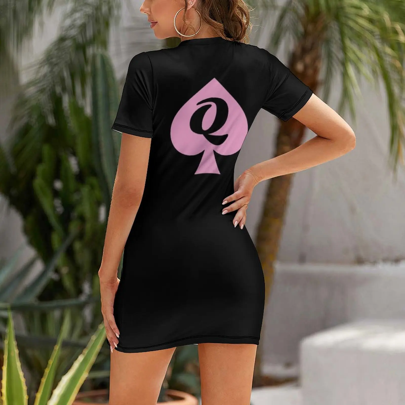 Queen of Spades Pink and Black Short Sleeved Dress Casual dresses chic and elegant evening dress Dress