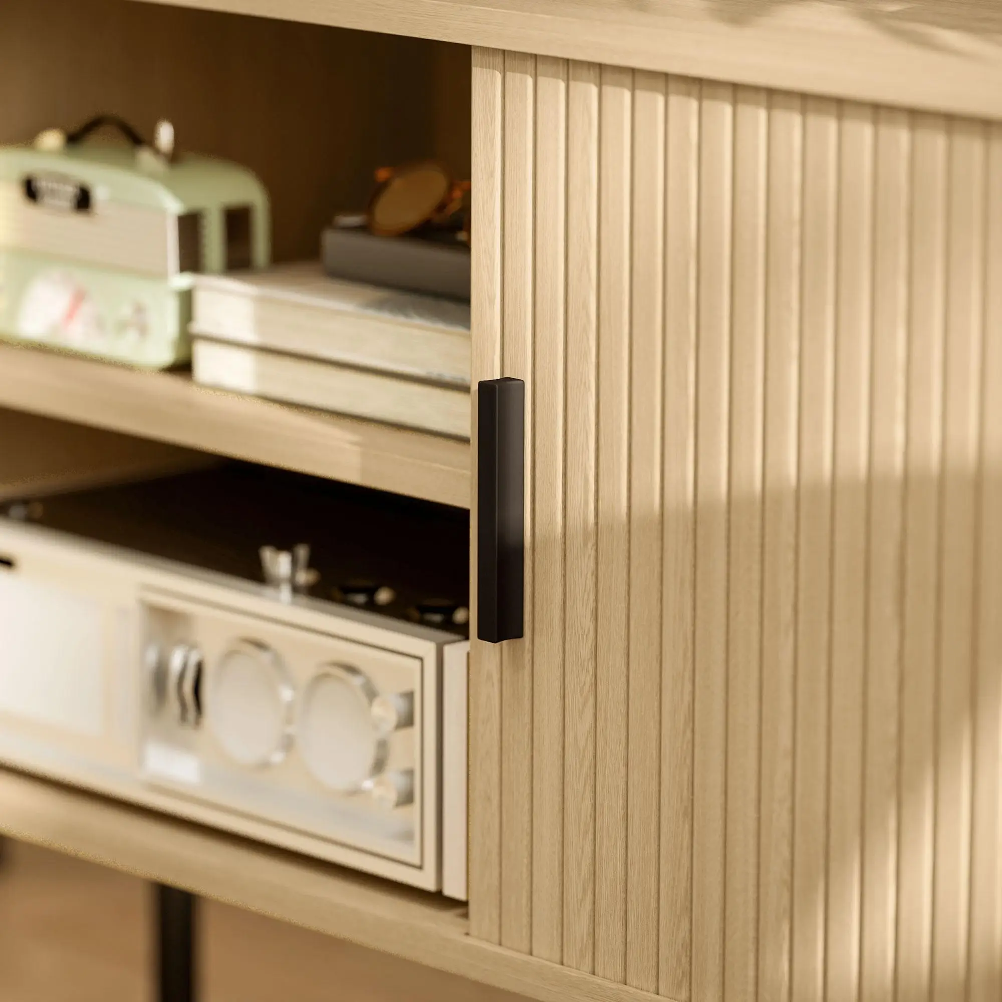 Soporte para TV de 120x40x55 cm con 2 Puertas Corredizas y 2 Compartimentos Abiertos, Madera con Acabado Roble para Televisor de 55 Pulgadas, Gestión de Cables, Moderno