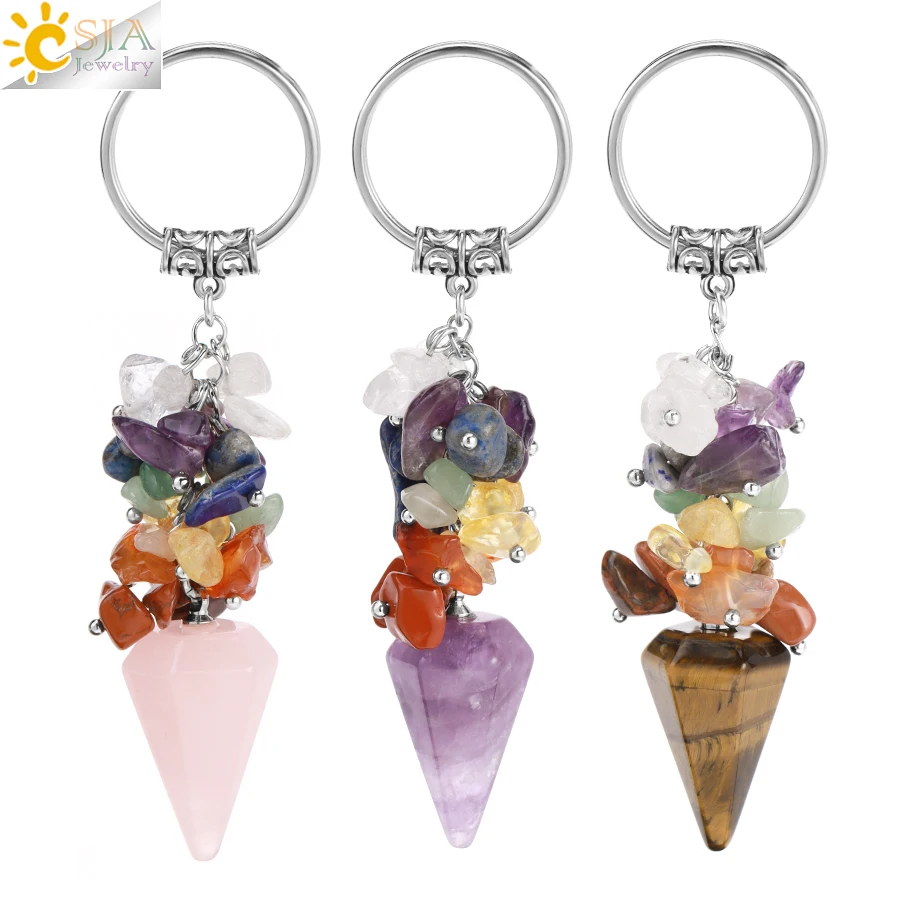 CSJA Jóias-Meditação 7 Chakra Cristal Chaveiro, Pedra Natural Cone Pingente, Anel de Aço Inoxidável Titular, Acessórios Cartão, H342