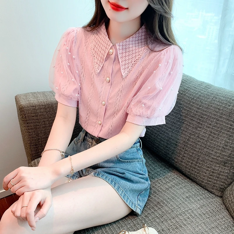 Summer Short Sleeve Doll Collar Women Shirt Fashion Chiffon Shirt Blouse Women Tops Blusas Mujer De Moda 2024 Verano Blusa J27