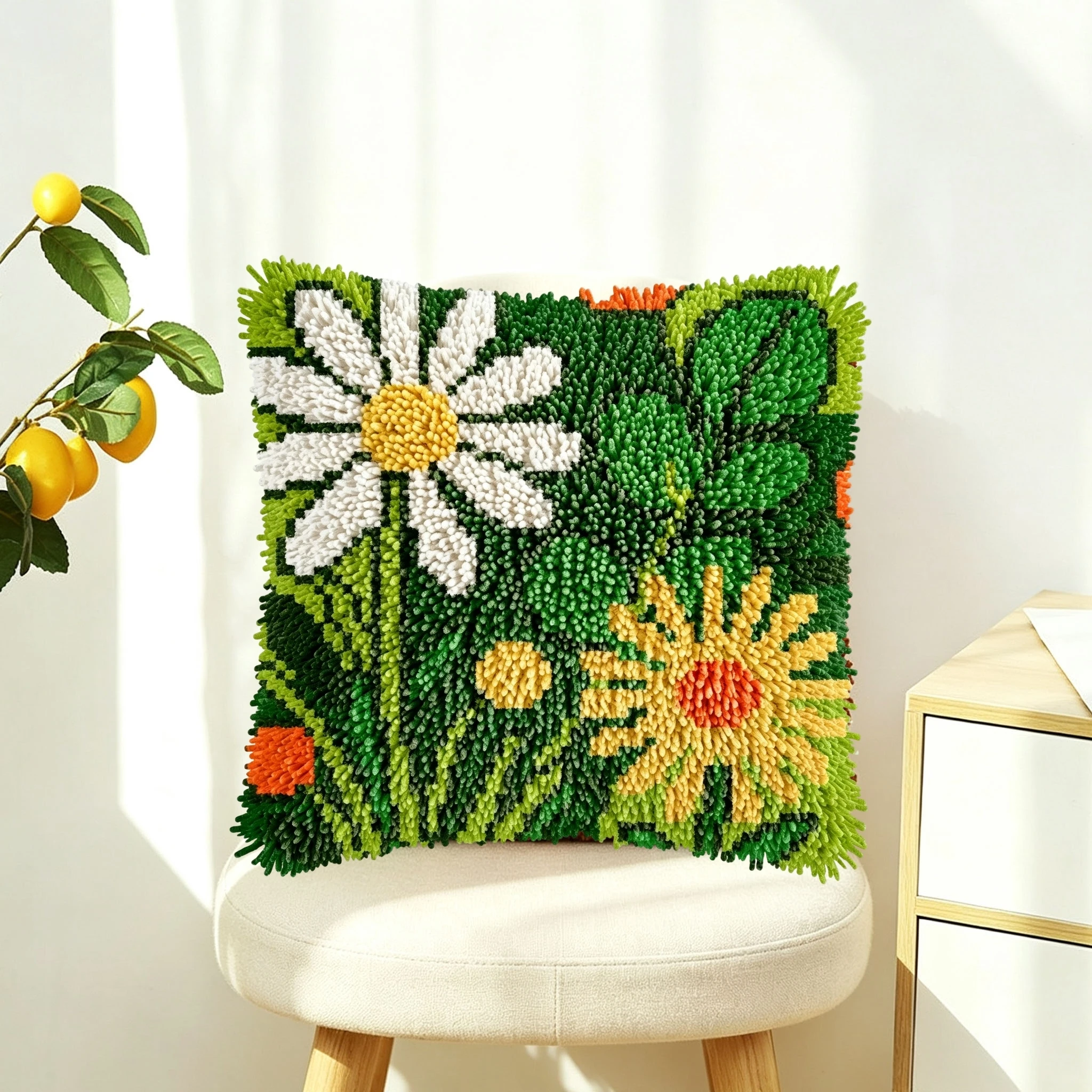 1Set Daisy Garden Knot Pillow Latch Hook Kit Cushion Pillowcase Set For Needlework Latch Hook Kits DIY Beginner-friendly Embroid