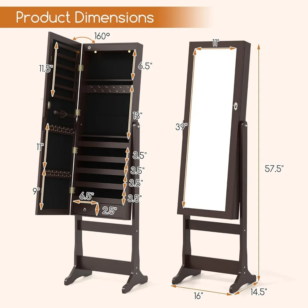 2 LEDs Standing Jewelry Cabinet with Full Length Mirror, Lockable Mirrored Jewelry Armoire with 2 Drawers, 4 Adjustable