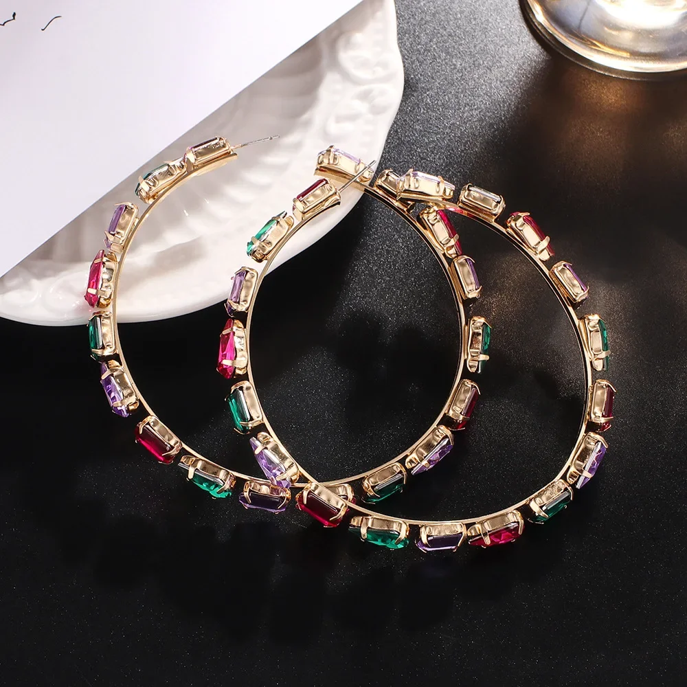 BOXUAN Fashion Rhinestone Earrings in Multi Color Women Jewelry Large Hoop Post Earrings Gold Round Cushion Cut Earrings