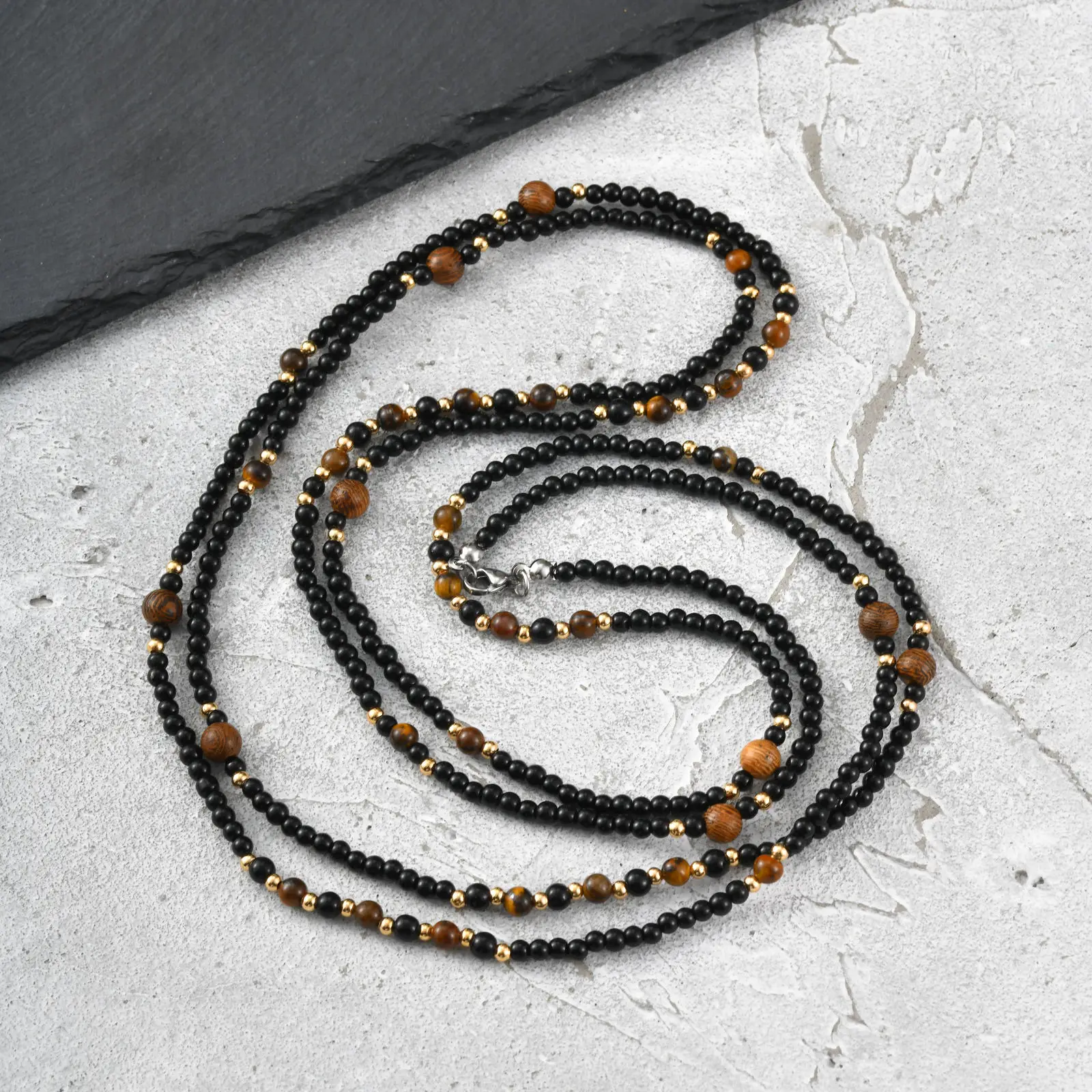Ethnische Herren-Halskette aus schwarzem Naturstein, Vintage Zweischichtige Perlenkette, Schmuckgeschenk für Ehemann, Vater, Ihn – Detail 4