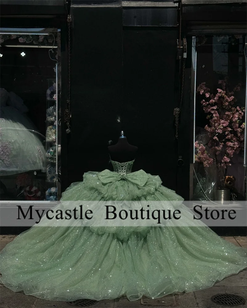 Mint Green Tulle With Bow Quinceanera Dress Ball Gown 2025 Lace Applique Beading Sweet 16 Dress Customized Vestidos De 15 Anos