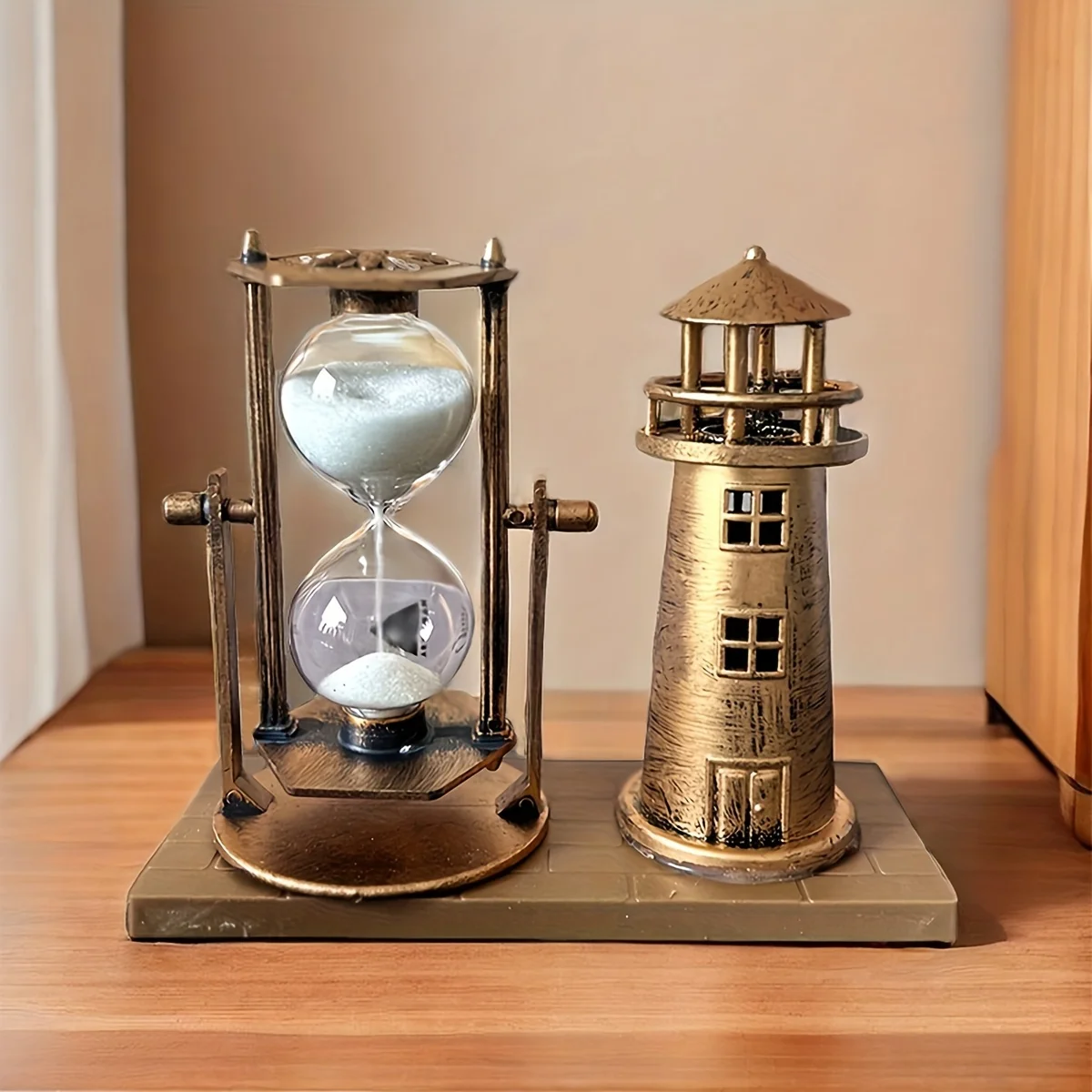 Adorno de Reloj de Arena con Forma de Faro, Estilo Vintage, en Bronce, Decoración 3D para Escritorio, Hogar y Oficina, Regalo Creativo para la Temporada Escolar