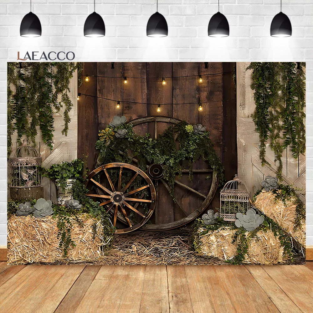 Laeacco Rustic Barn Wooden Barn Doors Backdrop Hay Lights Rural Farm Theme Party Kids Adults Portrait Photography Backgrounds