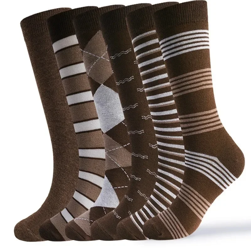 6 Pairs Mens Vintage Argyle Dress Socks, Cotton Striped Crew Socks Retro Brown Business Casual Formal Socks Gift for Men