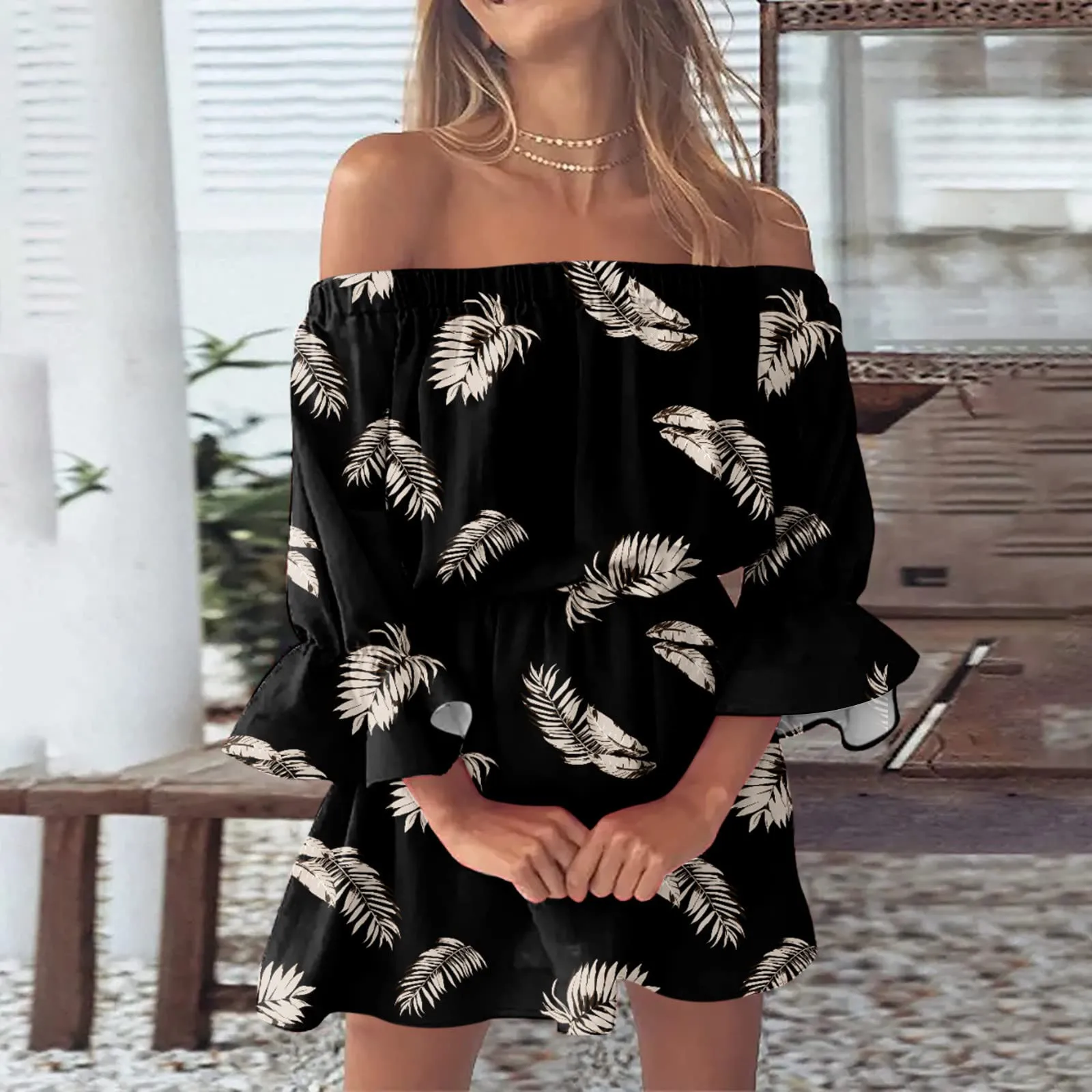 

Summer Dresses for Women 2024 Off Shoulder Sundress Floral Print Boho Dress Bell Sleeve Blouse Mini Dress Female Casual Dresses