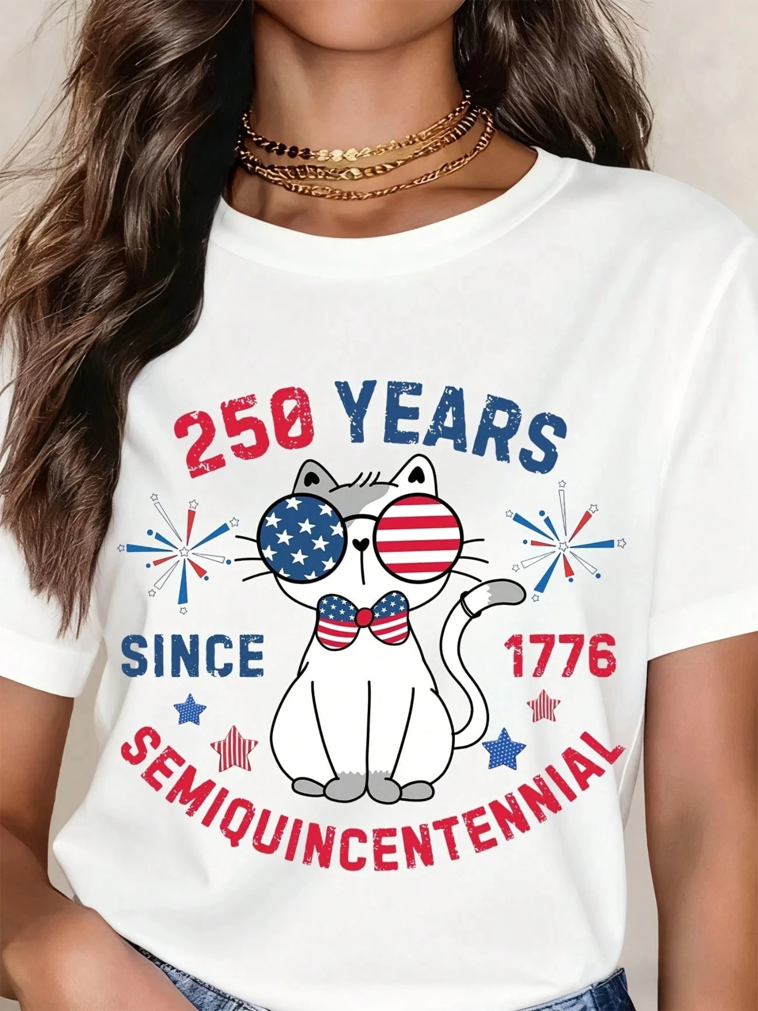 

2026 Summer Men Women Cotton T Shirt Patriotic Rhinestone 1776-2026 Print Clothes Casual Short Sleeve Tops