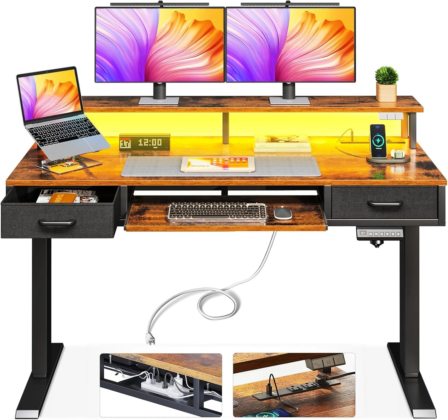 Electric standing table with drawers and keyboard tray, 47 inch high adjustable small table with power socket and LED lights