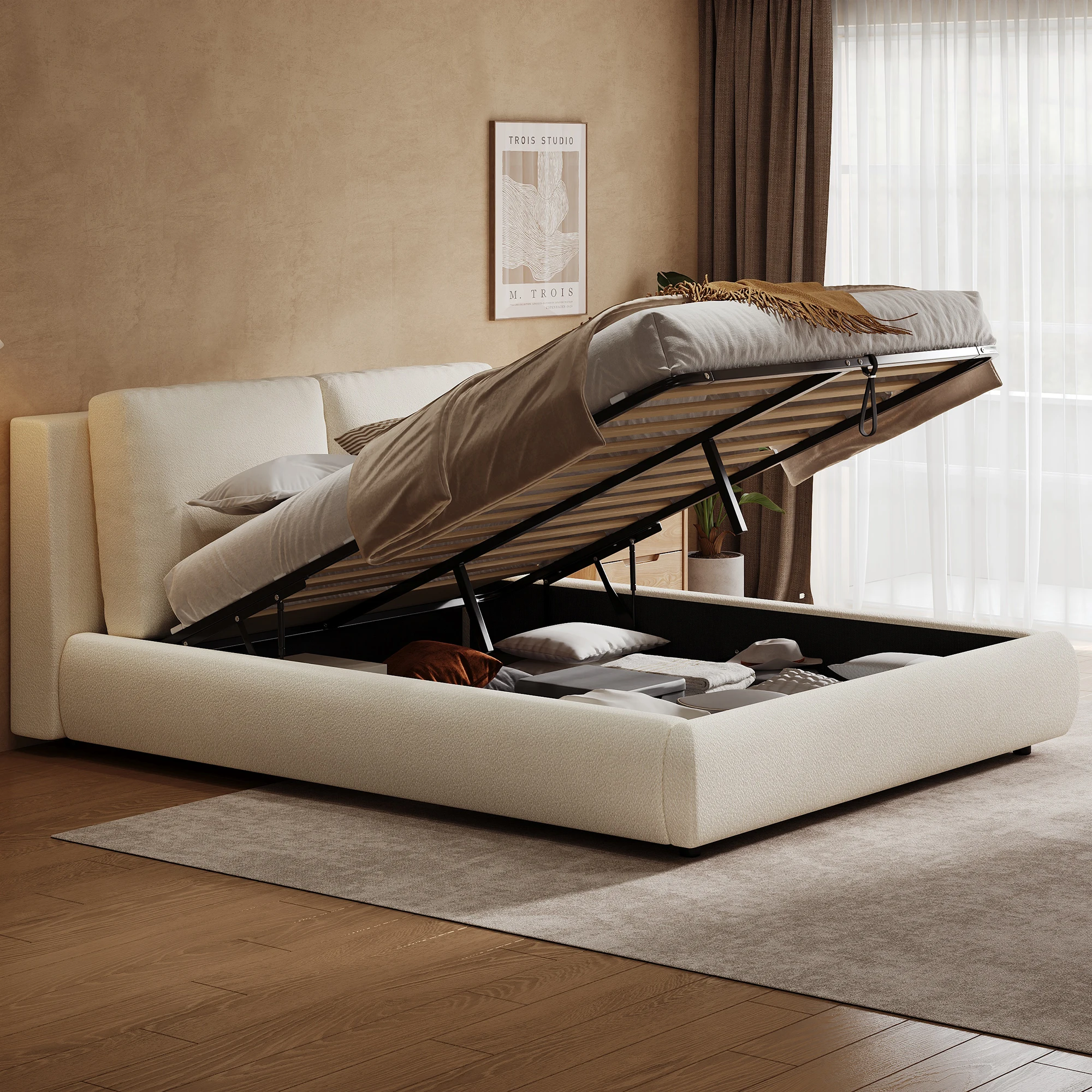 180 x 200 cm, gepolstertes Bett, Doppelbett, hydraulisches Funktionsbett, Bett mit Lattenrost, Kopfteil und großem Stauraum