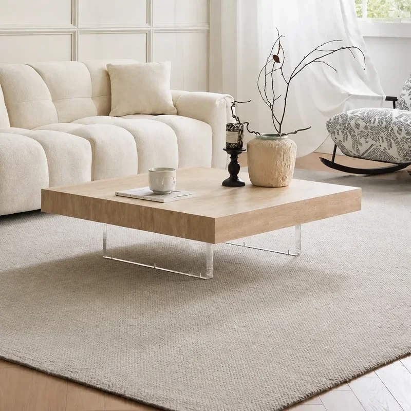Modern Light Luxury Acrylic Suspension Coffee Table with Travertine Rock Slab Top Rectangular Square Living Room Household
