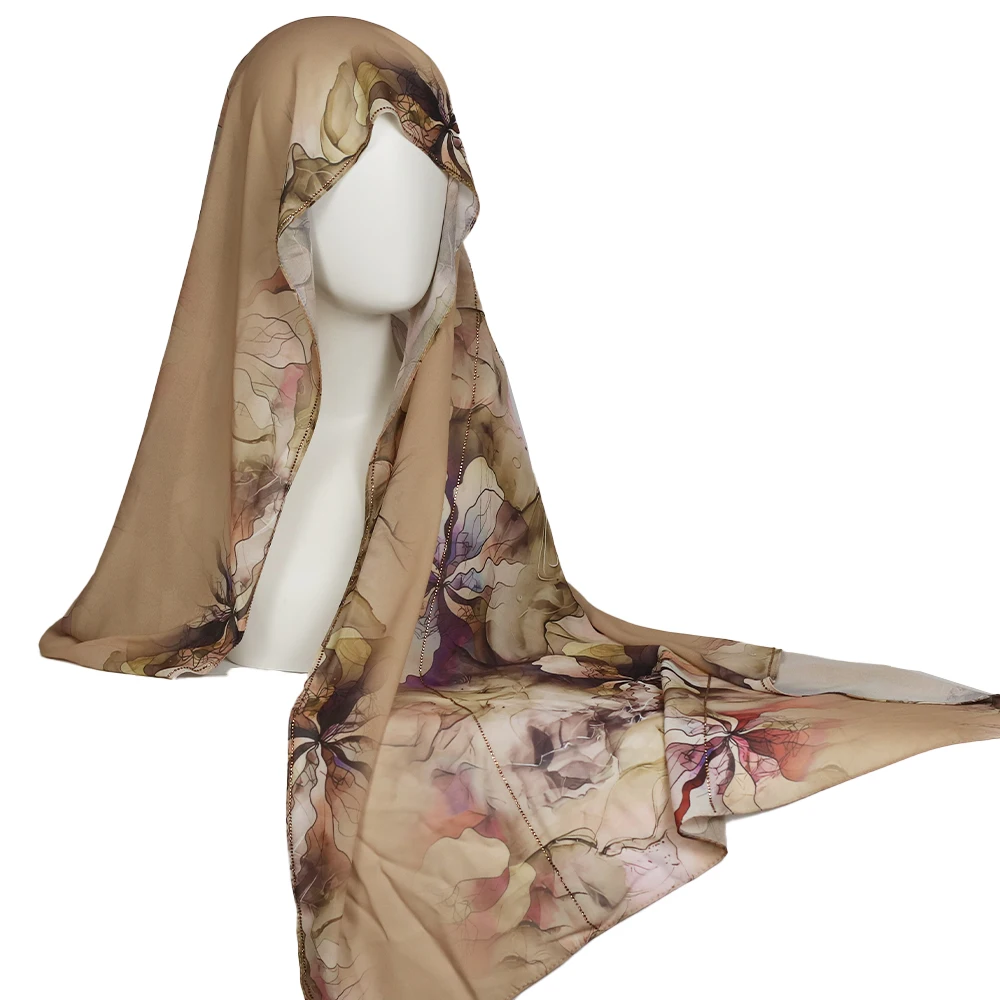 Mit Strass verzierter bedruckter Chiffon-Hijab, arabischer Stil, weiche Nebel-Farbpalette, hautfreundliche Haptik, tägliche Eleganz bis Enha