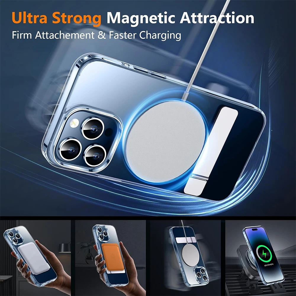 Clear Magnetic Phone case With Metal Kickstand Holder for Iphone 15 14 13 12 11 Pro Max Mini Plus Shockproof Back Cover