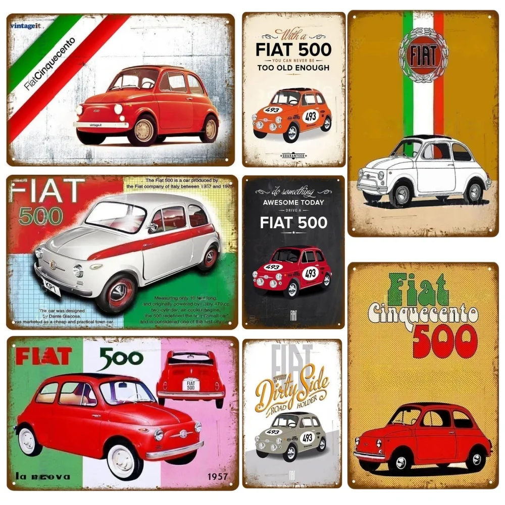 Classic Fiat 500 Vintage Metal Tin Signs Metal Poster Wall Art Decor Poster Cafe Bar Pub Home Wall Decor Car Metal Art Poster