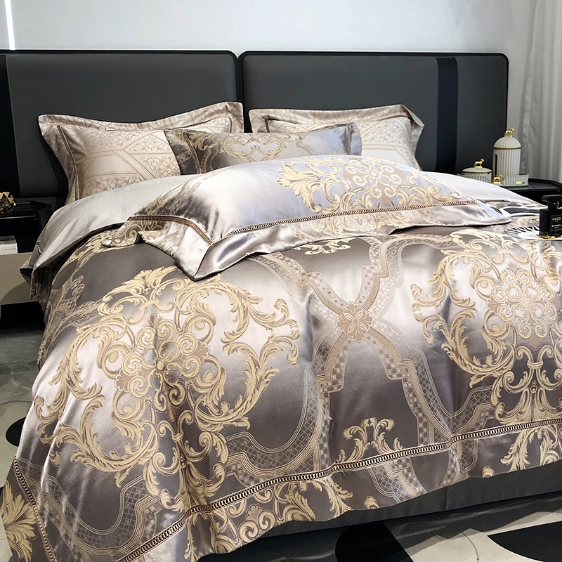 Silver Gray Satin Silky Brocade Jacquard Egyptian Cotton Luxury European Bedding Set Duvet Cover Flat/Fitted Sheet Pillowcases