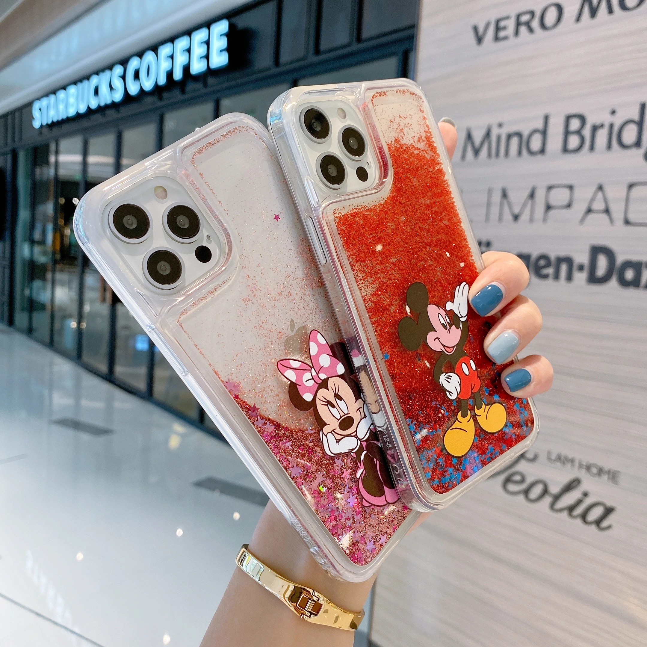 Cute Mickey Mouse Minnie Mouse Quicksand custodia per telefono per iPhone 15 14 13 12 11 Pro Max Glitter Liquid Cartoon Cover antiurto