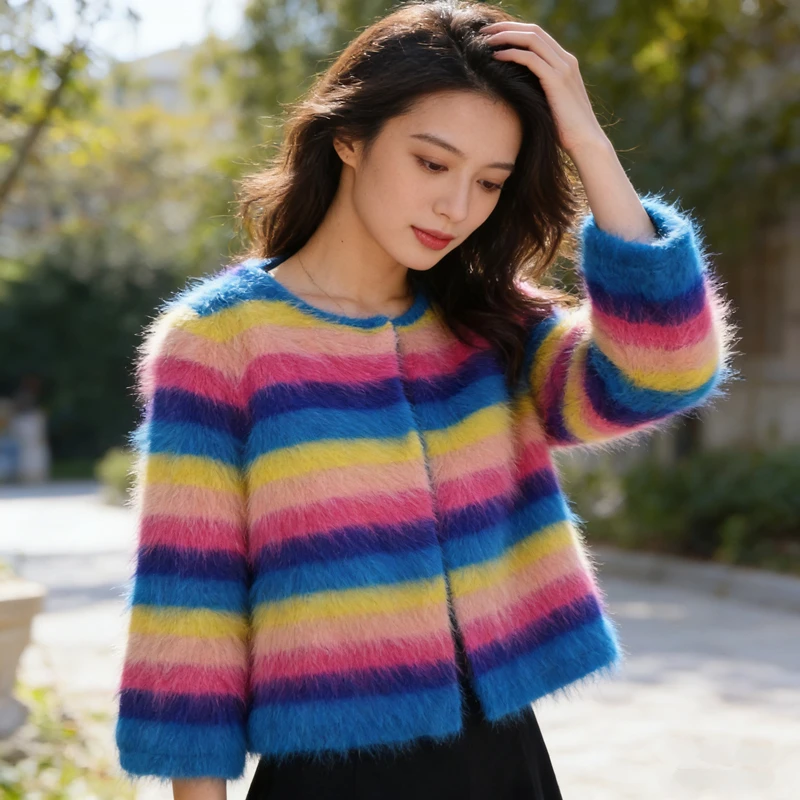 

Женский осенне-зимний вязаный кардиган из пушистого полосатого кашемира и норки, укороченный, приталенный, в стиле свитера-жакета