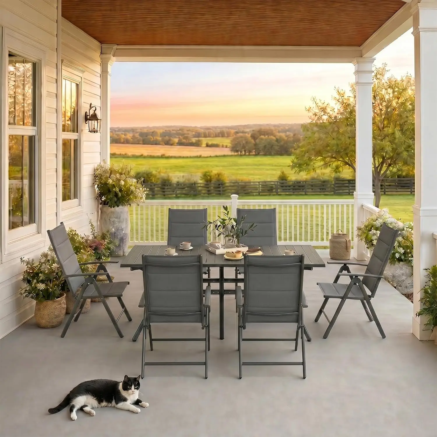 Patio Dining Set for 6 with Padded Seat, Outdoor Table & Chair Furniture, Grey, Customized