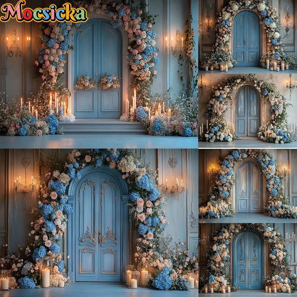 Mocsicka التصوير خلفية الأزهار قوس باب خشبي الديكور خلفية كعكة سحق استحمام الطفل صورة استوديو الدعامة راية