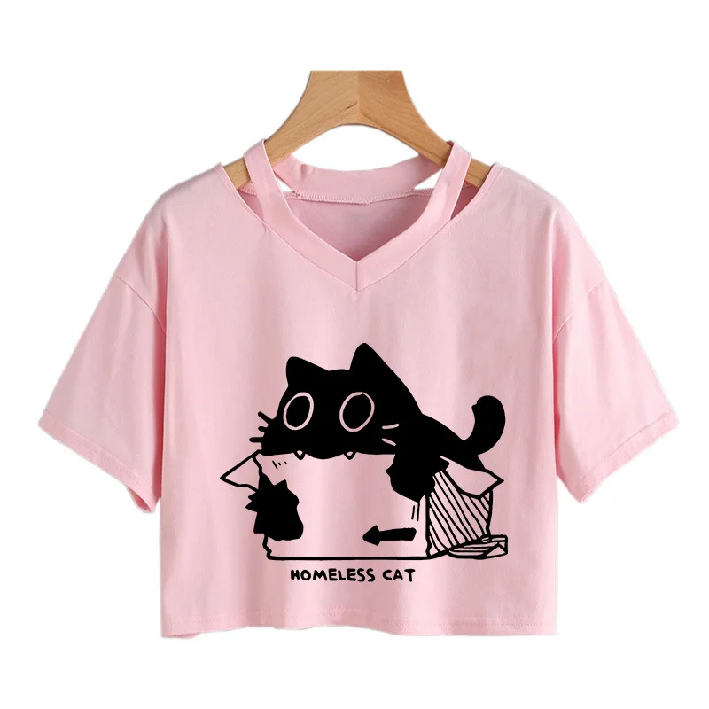 Women's Graphic Y2k Tshirt Fashion Street Style Cropped T Shirt 90s Clothing Kawaii Homeless Cat Print Sexy Crop Tops for Woman