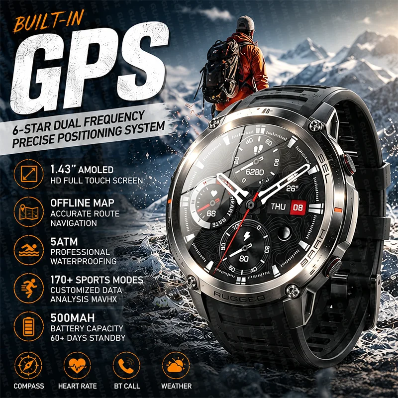 

New Outdoor Pioneer Sports Smart Watch GPS Offline Map Compass AMOLED HD BT Call 5ATM Waterproof Men 500mAh Battery Smartwatches