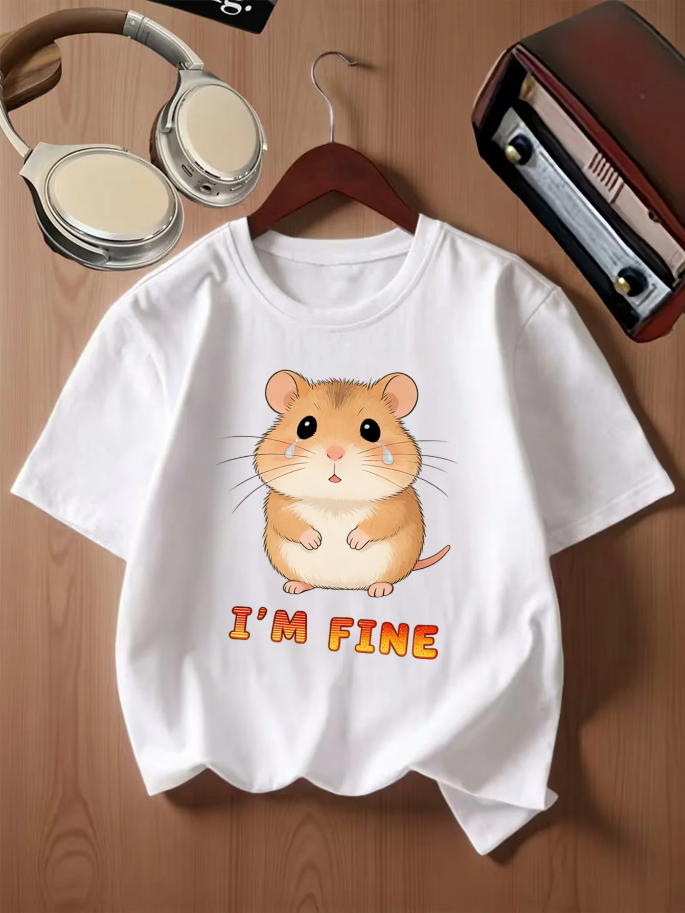 Lovely Sad Hamster With I Am Fine Letter Print Kids T Shirt Boys Girls Family Matching Summer Crew Neck Short Sleeve Casual Tee