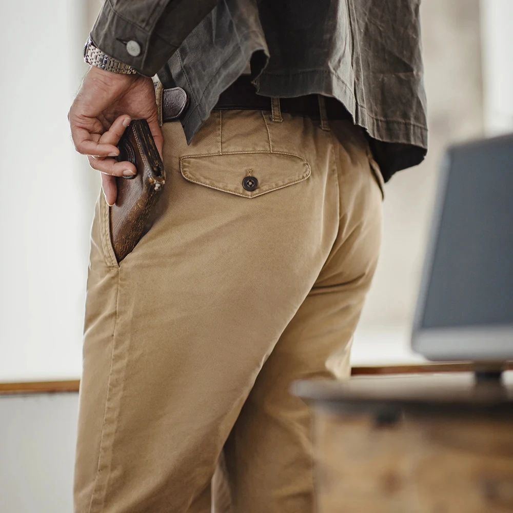 Maden Vintage Heavyweight Khaki Casual Pants Twill Cotton Straight Pants for Men\'s Autumn Workwear Classic Zip Fly Trousers