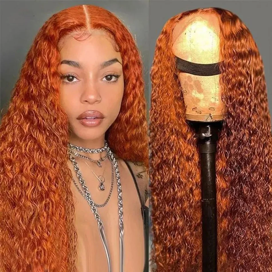 

200% Density Orange Ginger #350 13x6 Water Wave Frontal Wigs Brazilian Remy Curly Hair HD Transparent Lace 100% Human Hair Wigs