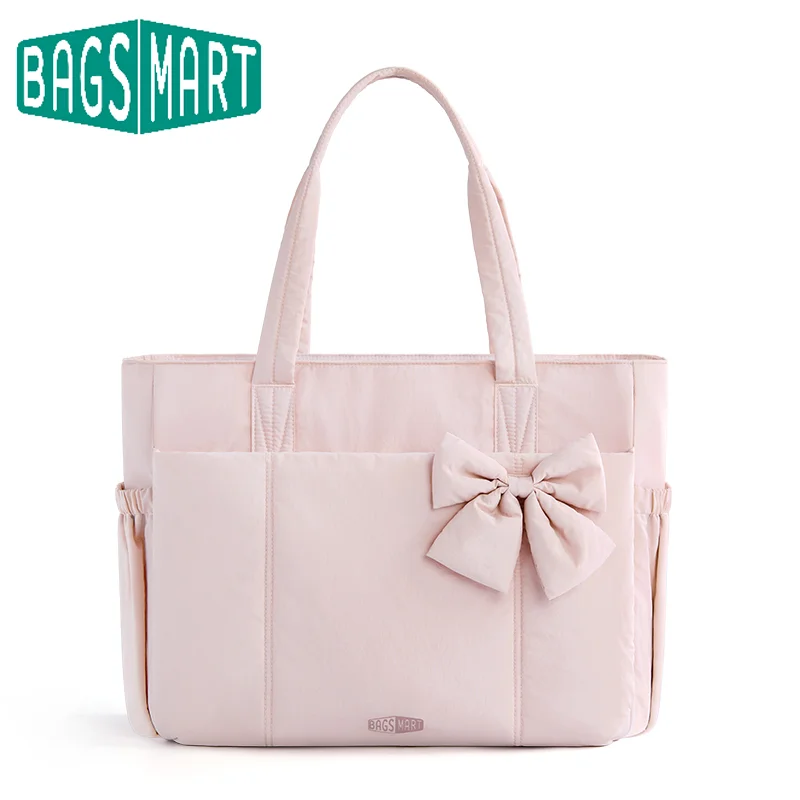 BAGSMART Padded Tote Bag With Bow Casual Quilted Padded Women Shoulder Bags Fit 15.6in Laptop Large Capacity Yoga Gym Bags