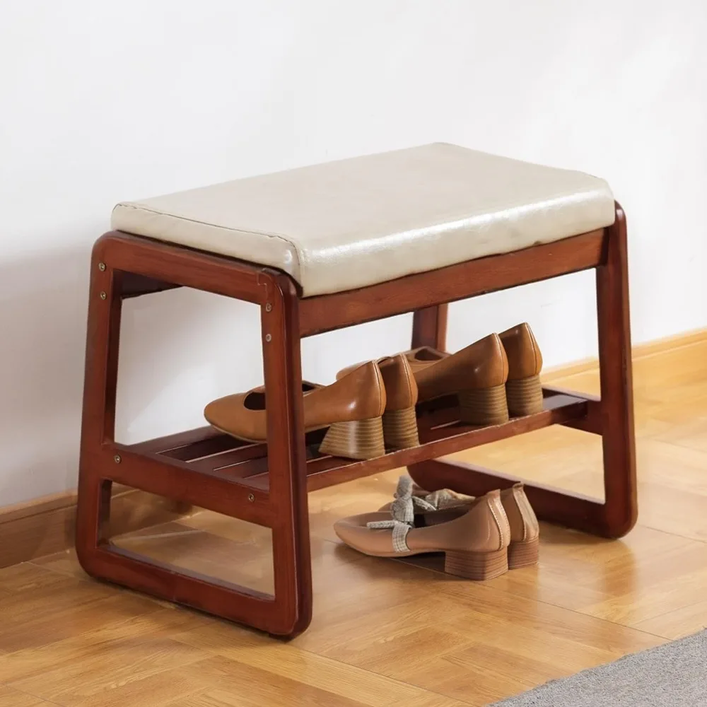 

Solid Wood Bench, Entryway Shoe Bench with Cushion, 2 Tier Shoe Storage Organizer for Hallway, Living Room(Grey,21.65'