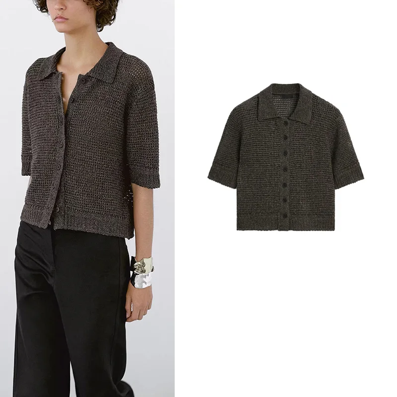 

Spring Summer Women's Loose Knitted Short Sleeve Neck Open Front Hollow out Casual Style Polyester Fiber Single Piece