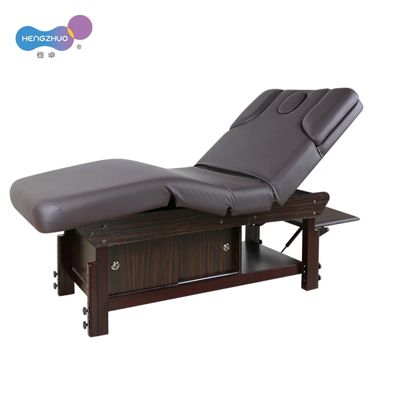 Luxury Thai Massage Table with Wooden Storage Cabinet Cama De Massagem Adjustable Brown SPA Bed with Magnetic Armrest