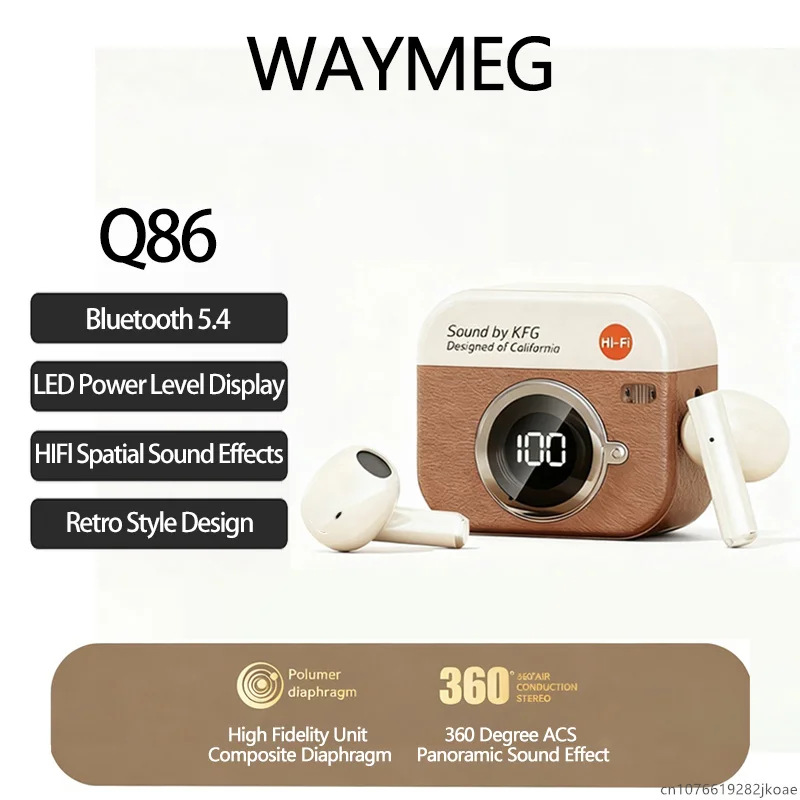 Q86 Wireless Earphones Semi in Ear Retro Camera Design Power Display Music Gaming Headphones HD Mic Call Earbuds Long Standby