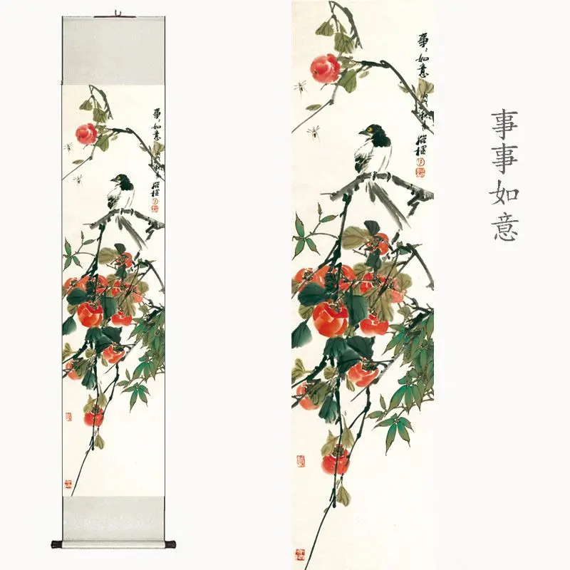 Chinese Flowers‑and‑Birds Four‑Panel Vertical Scroll Set, Auspicious Oriental Wall Hanging Decor for Tea Room Living Room Art