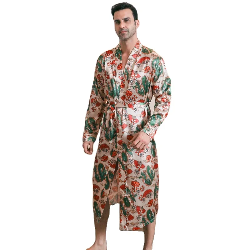 Pajama men\'s spring and autumn silk thin style oversized pajamas long sleeved bathrobes ice silk bathrobes home clothing summer