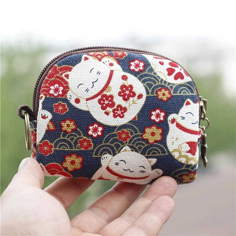 Women\'s Canvas Cartoon Prints Keychain Wallet Small Card Organizer Key Pouch Ladies Money Bag Coin Purse for Children Girls Boys